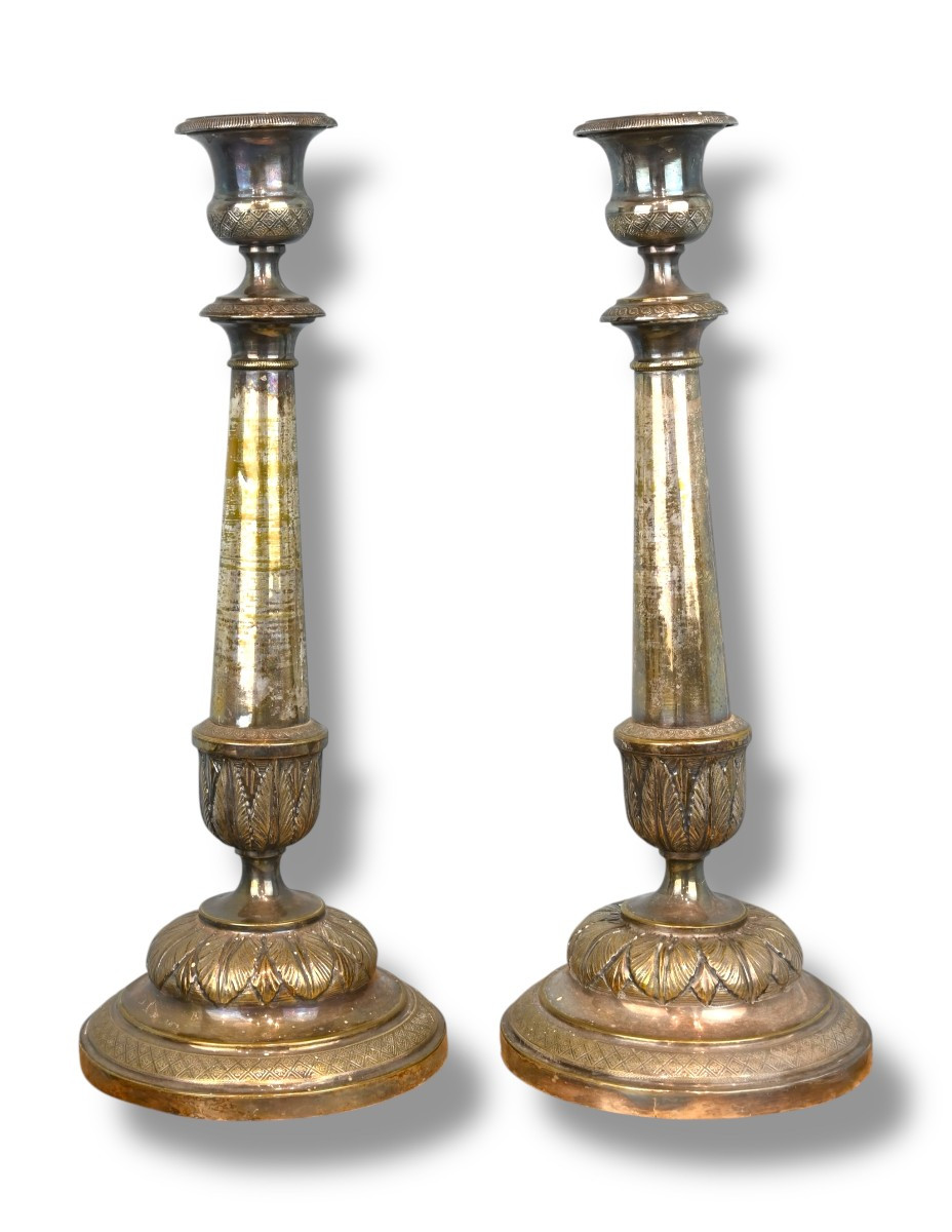 Pair Of Silvered Metal Candlesticks - Italy 1830